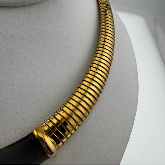 Vintage 1980 Monet Gold and Black Enamel Statement Necklace with Rhinestone - Picture 6 of 11